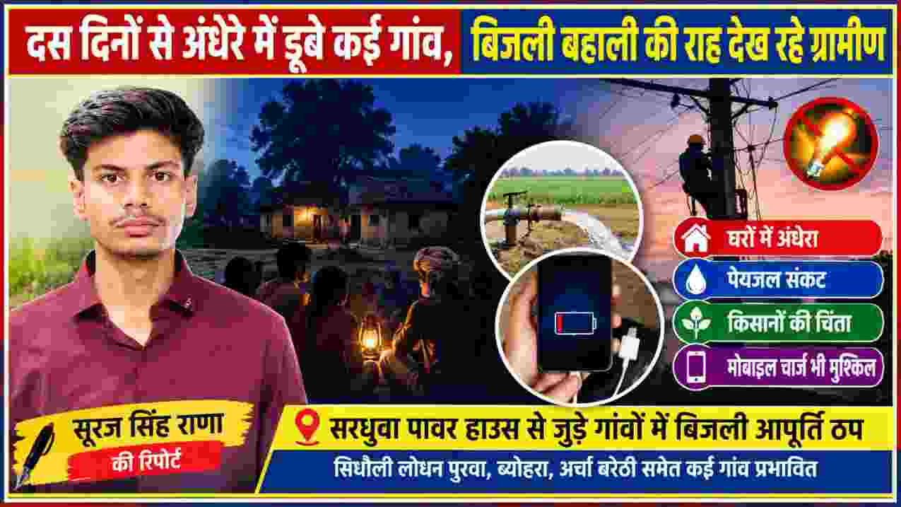 चित्रकूट के राजापुर क्षेत्र में बिजली संकट पर आधारित फीचर इमेज, जिसमें रिपोर्टर सूरज सिंह राणा, अंधेरे में डूबे गांव, बंद नलकूप, मोबाइल चार्जिंग समस्या और विद्युत लाइन मरम्मत कार्य को दर्शाया गया है।