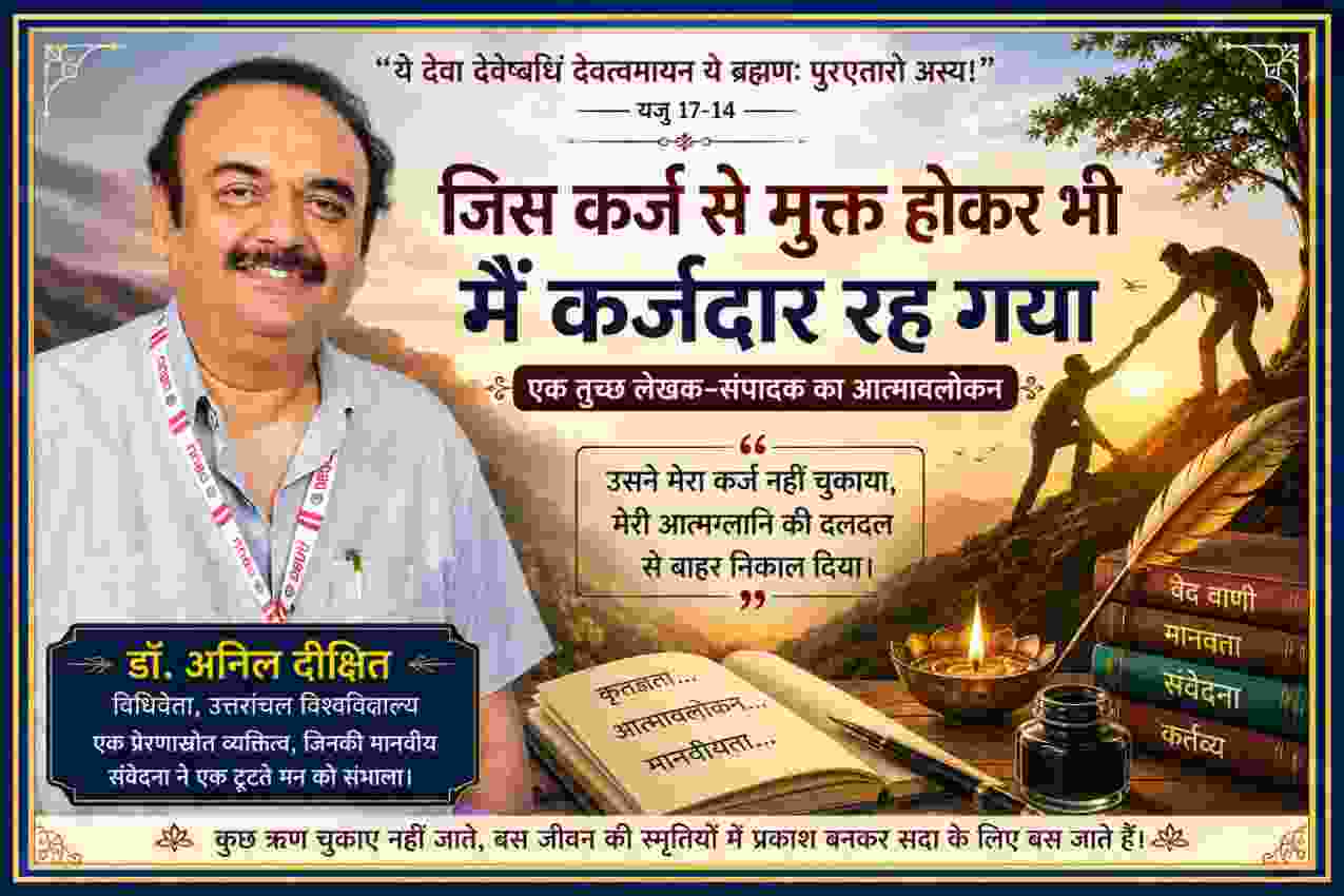डॉ. अनिल दीक्षित की तस्वीर के साथ आत्मावलोकन और कृतज्ञता पर आधारित साहित्यिक फीचर इमेज, जिसमें मानवीय संवेदना, आत्मग्लानि से मुक्ति और जीवन में मिले ऋण का भावात्मक चित्रण है।