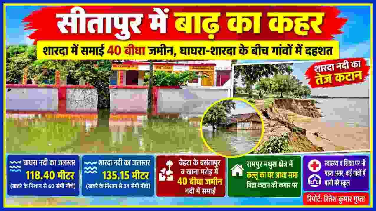 सीतापुर बाढ़ में जलमग्न विद्यालय और शारदा नदी के तेज कटान का दृश्य