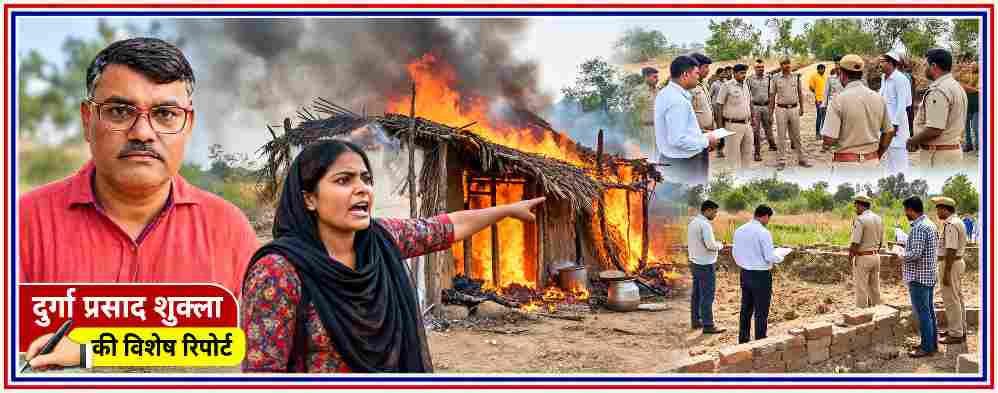 बदायूं के कादरचौक क्षेत्र के लभारी गांव में झोंपड़ी में आग की घटना को दर्शाती फीचर इमेज, रिपोर्टर दुर्गा प्रसाद शुक्ला की तस्वीर के साथ