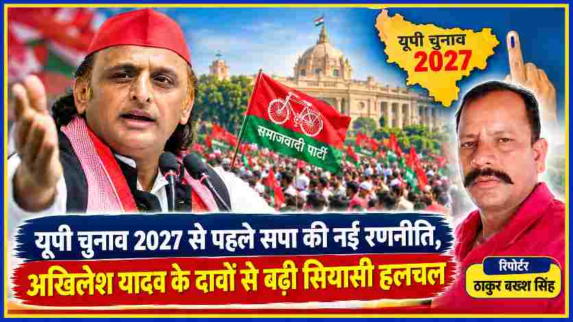 उत्तर प्रदेश विधानसभा चुनाव 2027 से पहले समाजवादी पार्टी की रणनीति और नए गठबंधन के संकेतों पर आधारित फीचर इमेज, जिसमें अखिलेश यादव, समाजवादी पार्टी का झंडा और रिपोर्टर ठाकुर बख्श सिंह की तस्वीर शामिल है।