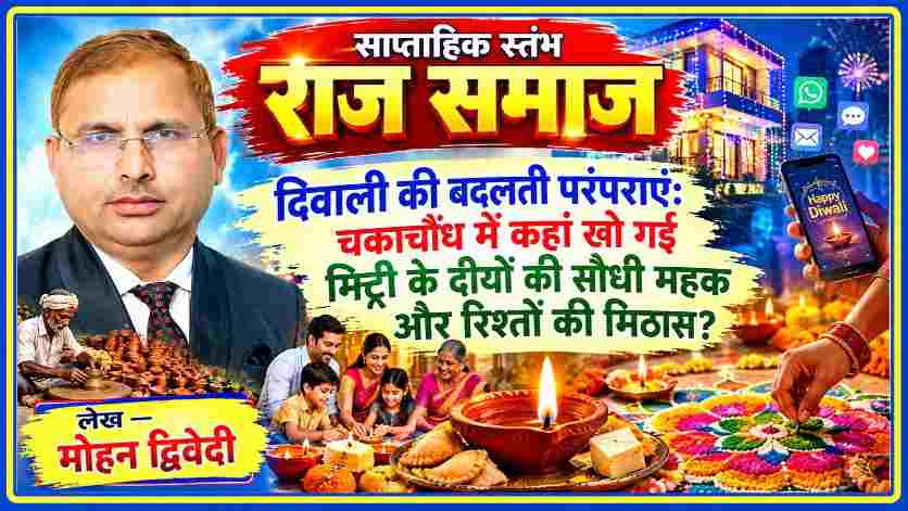 लेखक मोहन द्विवेदी की तस्वीर के साथ दिवाली की बदलती परंपराओं, मिट्टी के दीयों, पारंपरिक मिठाइयों, रंगोली, पारिवारिक आत्मीयता और आधुनिक चकाचौंध को दर्शाती फीचर इमेज।