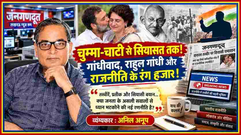 व्यंग्यकार अनिल अनूप की तस्वीर के साथ राहुल गांधी और प्रियंका गांधी के सार्वजनिक स्नेह के दृश्य, महात्मा गांधी, भारतीय राजनीति, वायरल तस्वीरों और सियासी विमर्श को दर्शाती जनगणदूत की लैंडस्केप फीचर इमेज।