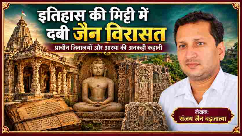 लेखक संजय जैन बड़जात्या की तस्वीर के साथ प्राचीन जैन मंदिर, तीर्थंकर प्रतिमा, पाषाण शिल्प और ऐतिहासिक पांडुलिपियां।